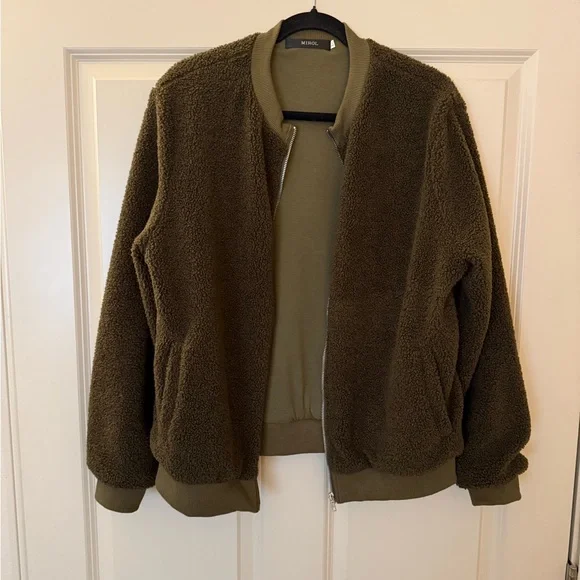 Women’s Sherpa Fleece Bomber Jacket Olive Green Size Large - Picture 5 of 10
